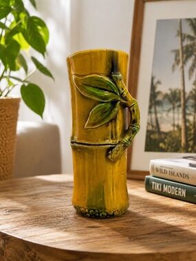 Vintage James Body Japan Bamboo Mug Vase Mustard Yellow Green Ceramic Tiki Tropi